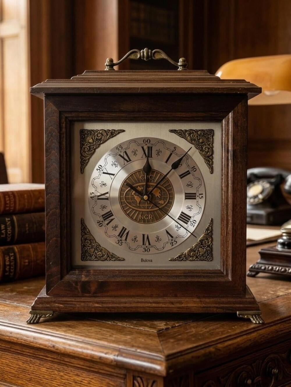 Bulova Vintage Style Wooden Quartz Mantel Clock Roman Numeral Battery Operated .